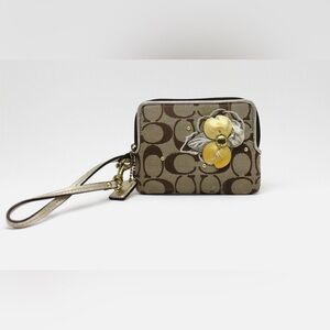 Vintage Coach Brown Signature Canvas Wristlet with Yellow Flower